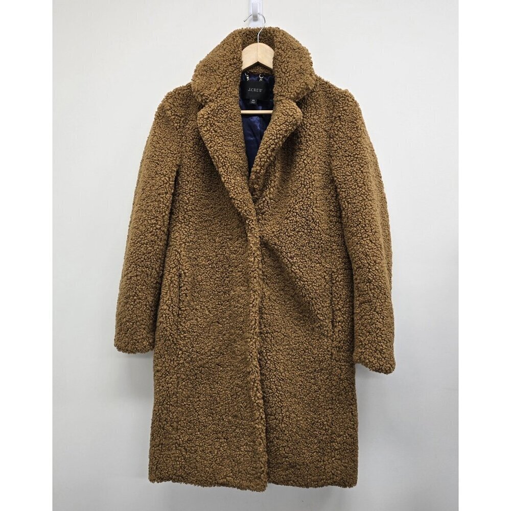 J Crew Teddy Sherpa Topcoat Size XS Lined Pockets Snap Buttons Plush Brown - Picture 1 of 13
